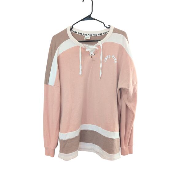 Victoria’s Secret PINK Colorblock Brown Lace-Up V-Neck Sweatshirt Size M - Picture 3 of 3